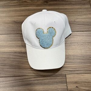 Disney White Baseball Cap with Light Blue Mickey Patch and Gold Trim